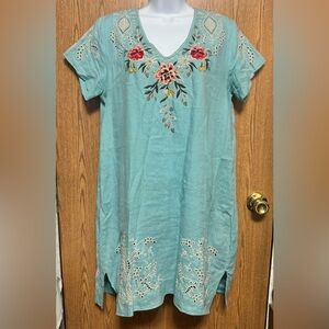 Johnny Was Assa Teal Blue Embroidered Linen Drape Tunic Dress - Size Small